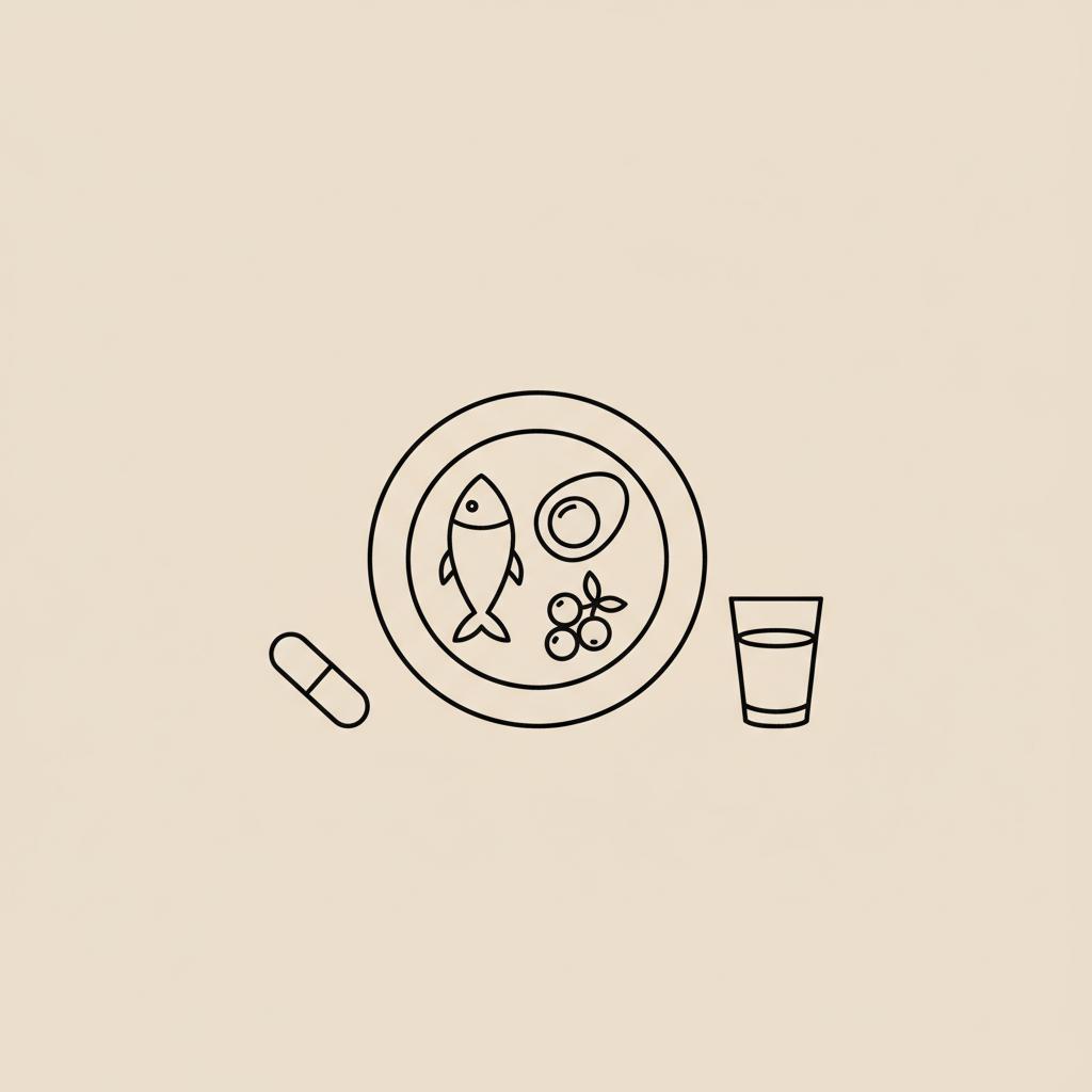 Minimalist Tonum-style line illustration of a plate with fish, egg, berries, a water glass and a capsule on a beige background to illustrate how to reduce my appetite naturally.