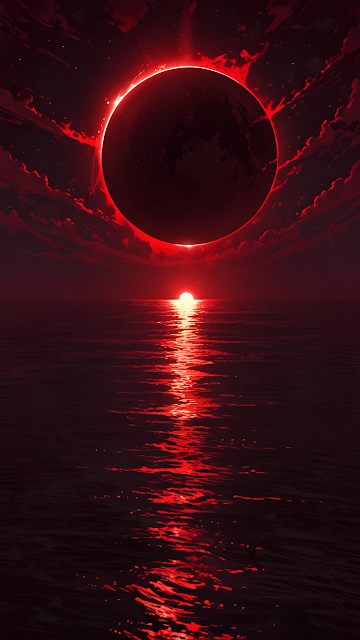 Red Solar Eclipse Over Dark Ocean Water Reflection