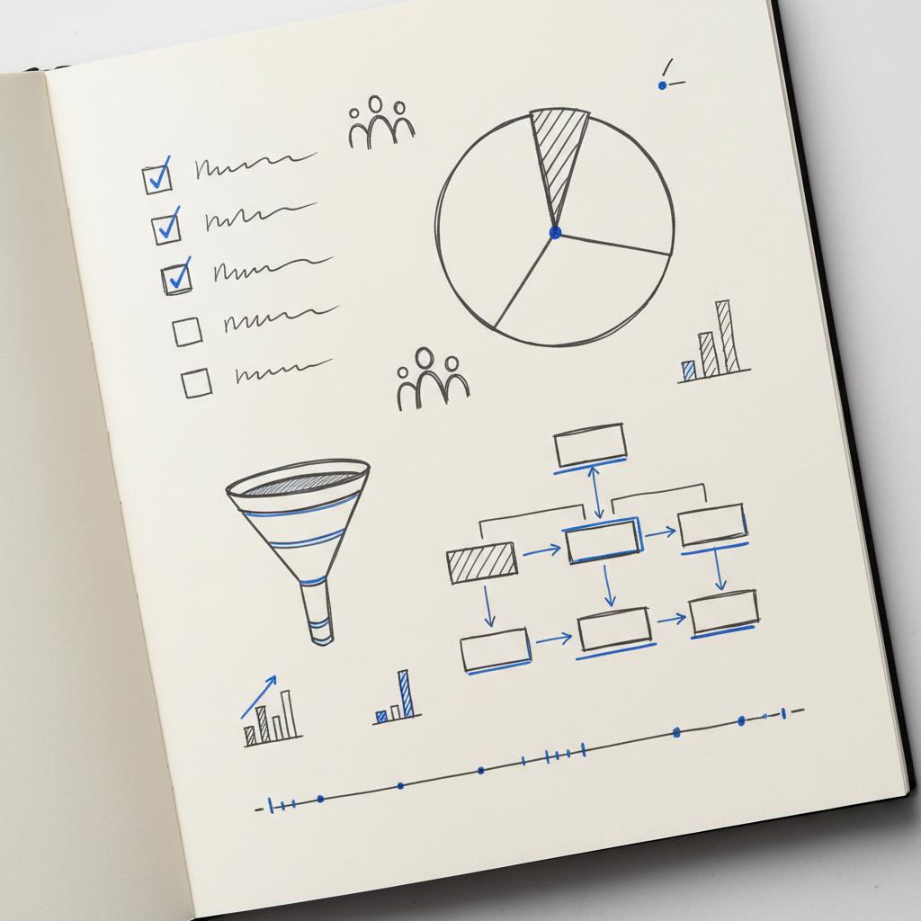 Top-down sketch of a launch checklist notebook illustrating average marketing cost for a startup with hand-drawn checkboxes, budget pie and funnel on a white background