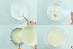 Rây min 100g bột mì rồi trộn đều cùng 30g đường trắng. Sau đó, cho vào bột 2 quả trứng gà, 200ml sữa tươi không đường và 100ml nước cốt dừa rồi trộn khuấy đều. Dùng 1 cái rây lọc hỗn hợp bột khoảng 2 lần cho thật mịn để tránh bột bị vón cục rồi dùng màn bọc thực phẩm bọc lại, bỏ ngăn mát tủ lạnh khoảng 30 phút.