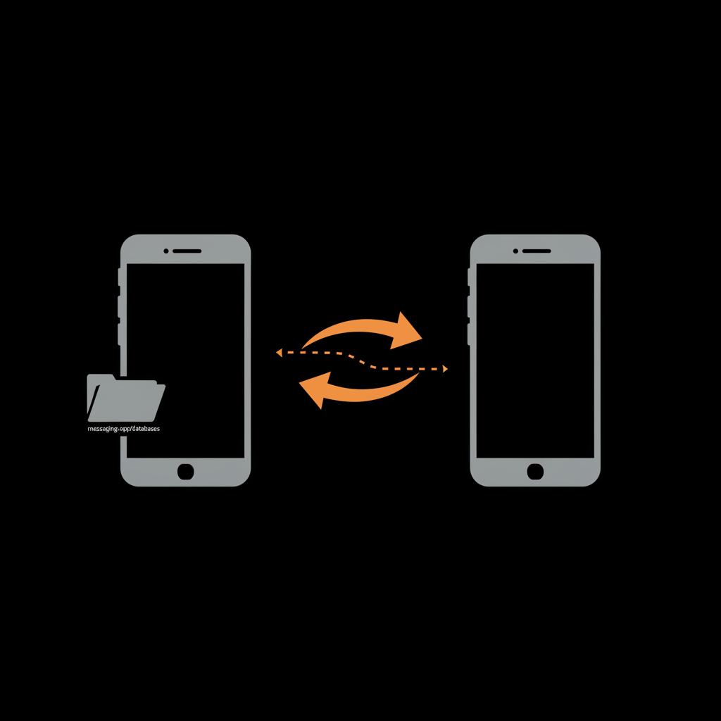 Minimal vector infographic showing a smartphone and a folder labeled "messaging-app/databases" with arrows copying to another device, illustrating restore messages from Google Drive