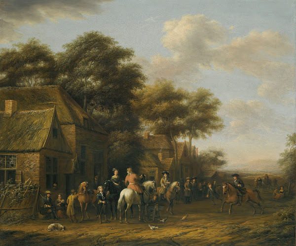 Village Scene With Numerous Figures Horses And Chickens