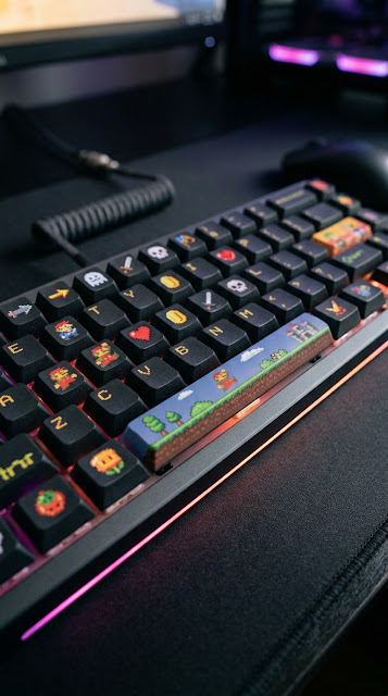 Close-Up Photo of a Mechanical Keyboard with Custom Pixel Art Keycaps - Free mobile Wallpaper