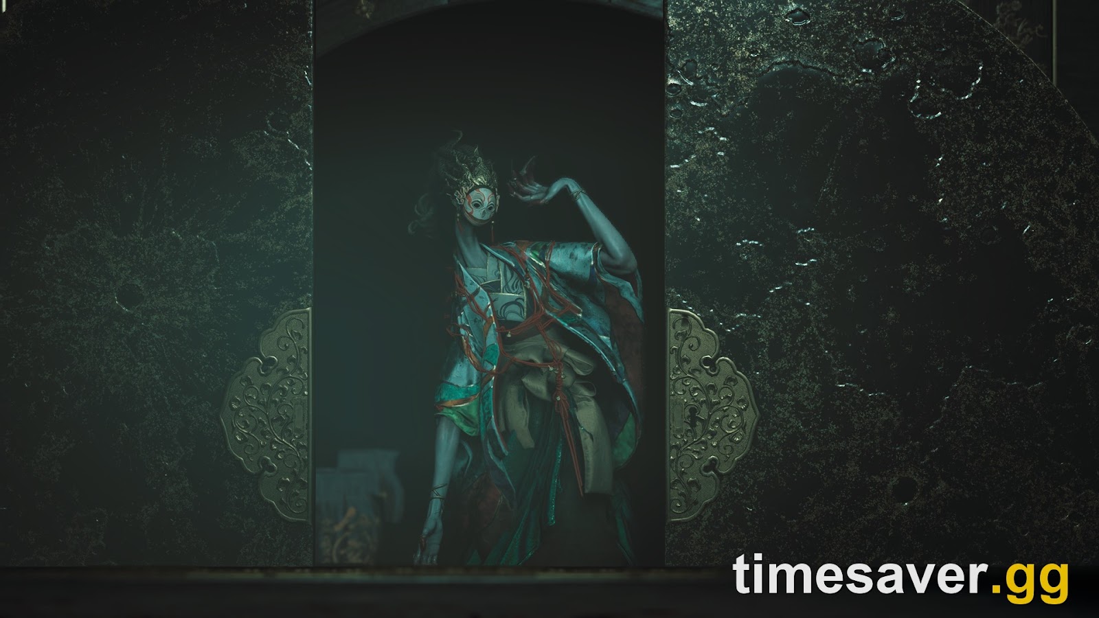 A Malice-twisted masked figure lurks in a doorway in Edo-period Kyoto in Onimusha: Way of the Sword