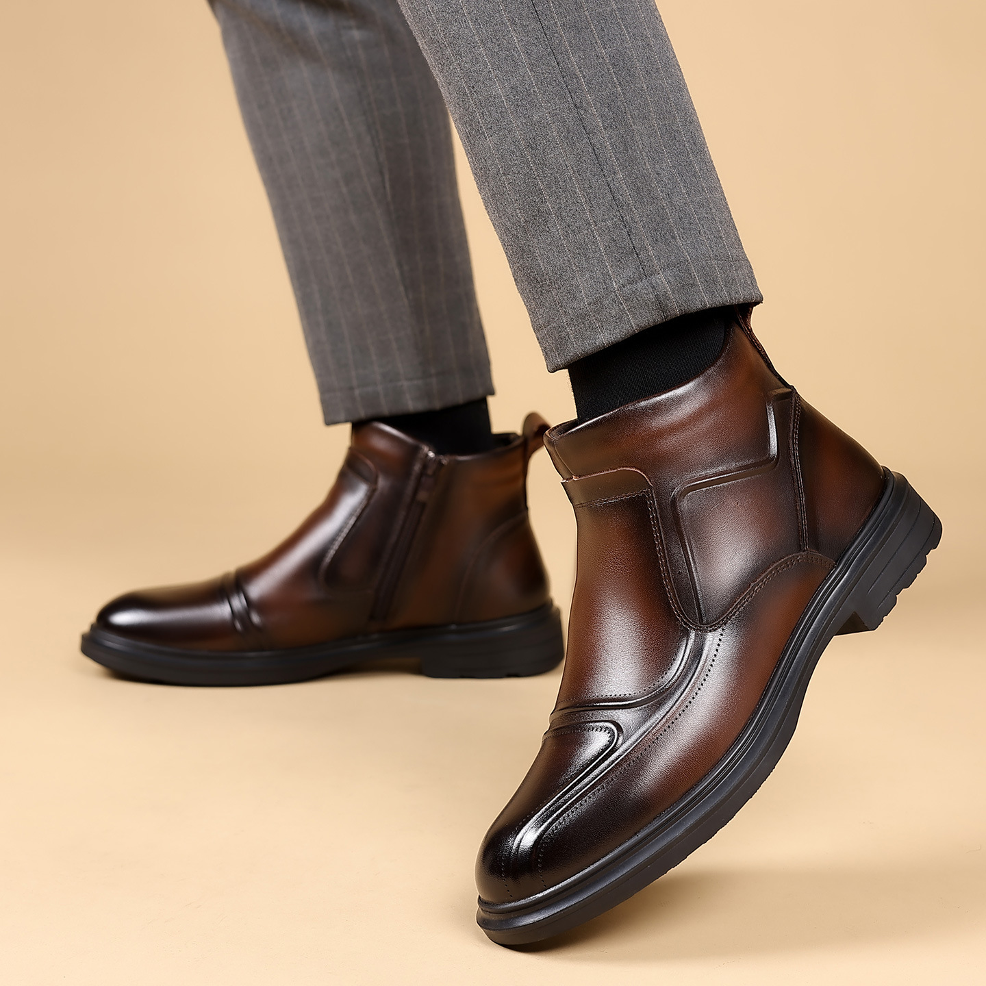 Men's Winter Boots, Genuine Leather, Lamb Wool, Zip