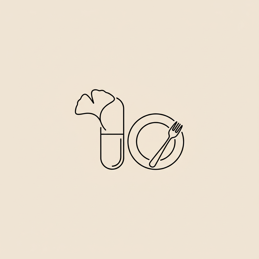 Minimalist 2D vector line illustration of a capsule, a small leaf and a plate with a fork on a beige background representing fat burning pills and botanical ingredients.
