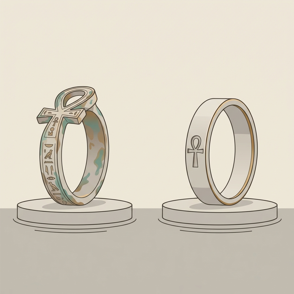 Minimalist 2D vector comparison of an ancient egyptian ankh ring with patina next to a modern replica for everyday wear on a warm beige background