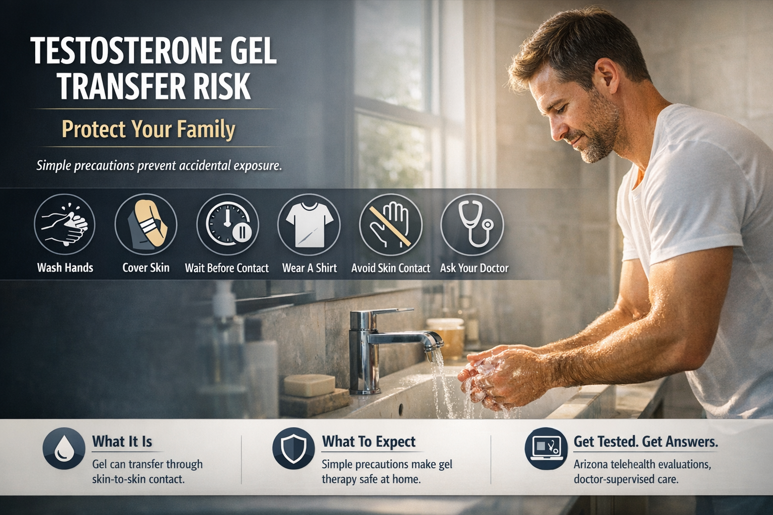 Can Testosterone Gel Transfer to Your Partner or Kids? — AZTRT Arizona TRT clinic blog cover showing a man washing his hands at home with a testosterone gel transfer risk and safety-precautions infographic