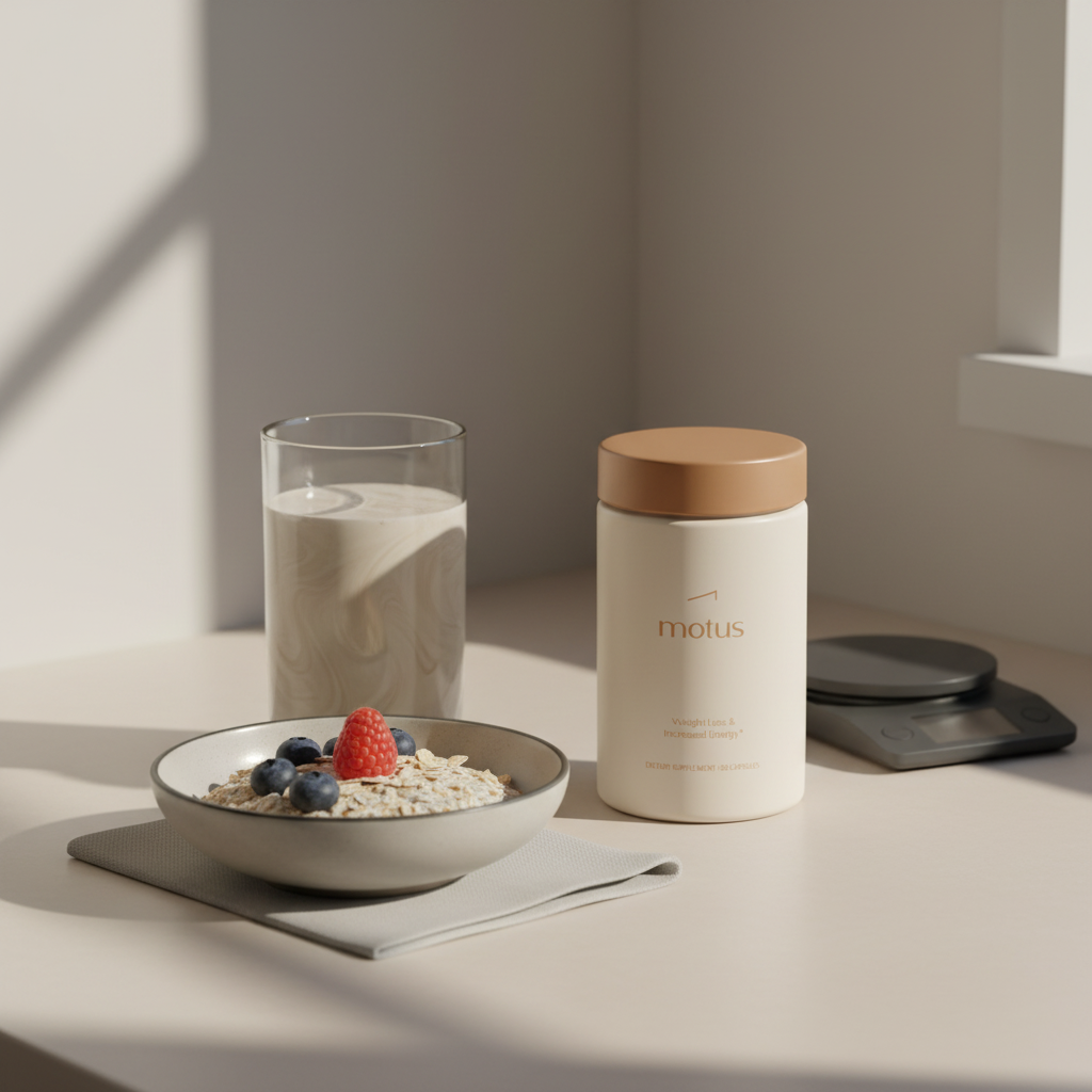 Tonum Motus container beside a prepared protein shake in a clear glass, oats with berries and a digital kitchen scale on a minimalist kitchen nook — protein powder for weight loss