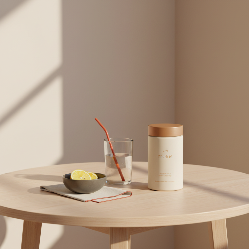 Motus supplement jar on round wooden table with a glass of diluted apple cider vinegar, lemon slices and napkin — apple cider vinegar for belly fat