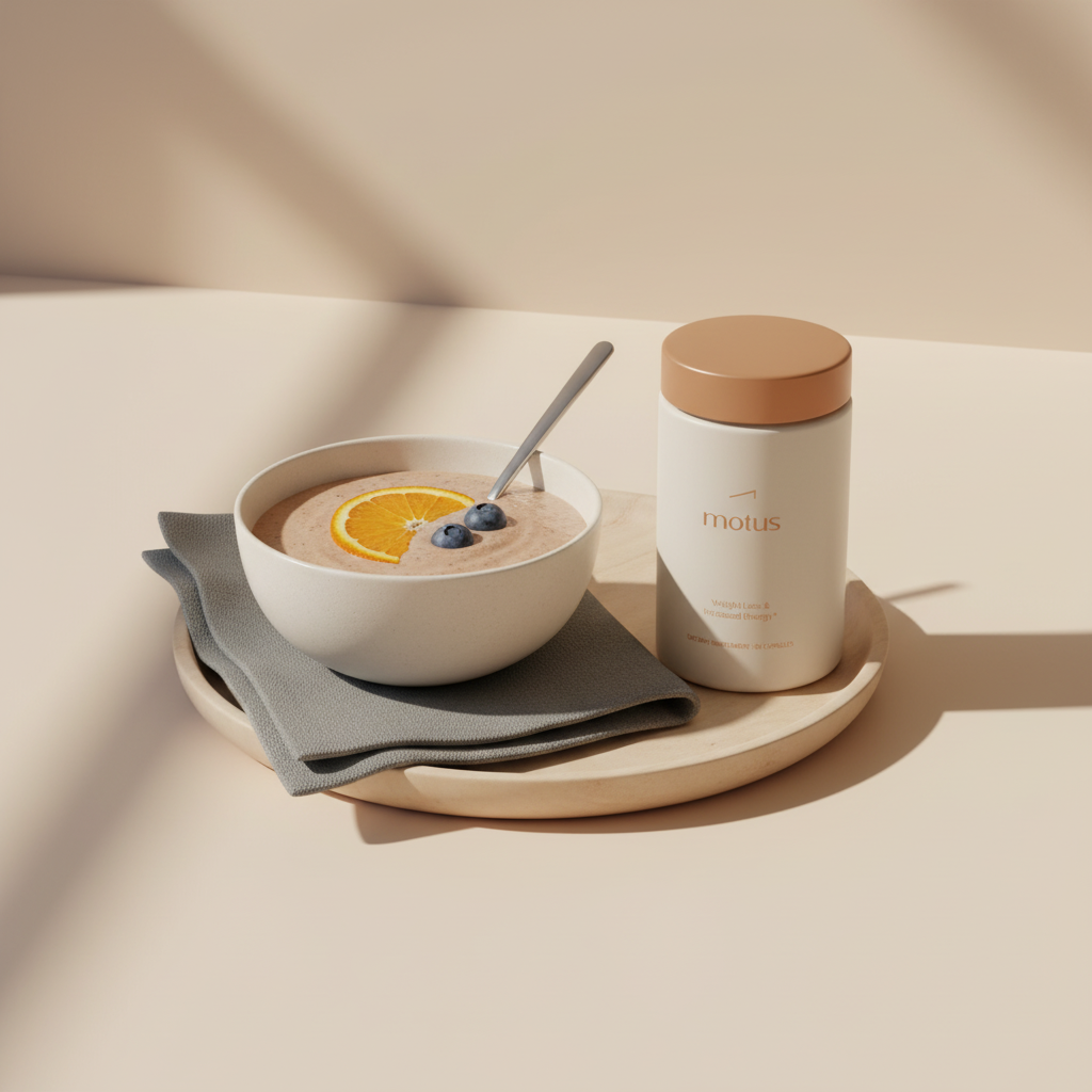 Tonum Motus container beside a prepared meal replacement shake bowl on a wooden tray in a minimalist setting, showcasing tastiest meal replacement shakes