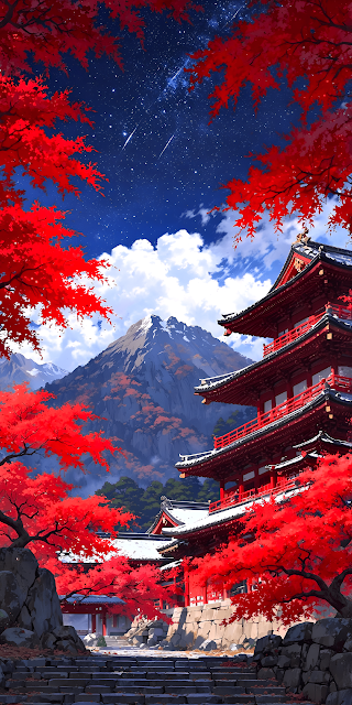 Japanese Pagoda Red Maple Leaves Snowy Mountain Starry Sky - Free mobile Wallpaper