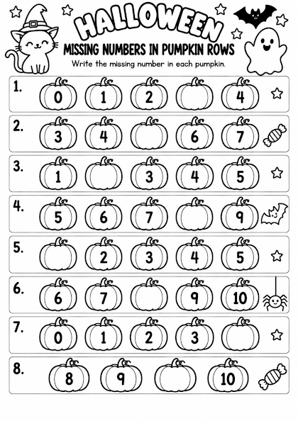 Halloween Missing Numbers in Pumpkin Rows