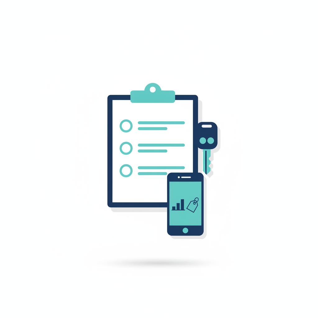 Minimalist 2D vector showing a clipboard checklist next to a car key and a smartphone with a simple price analysis graphic representing cheap vehicles for sale