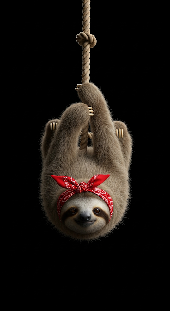 Cute Sloth Wearing Red Bandana Hanging on Rope Dark Background - Free mobile Wallpaper
