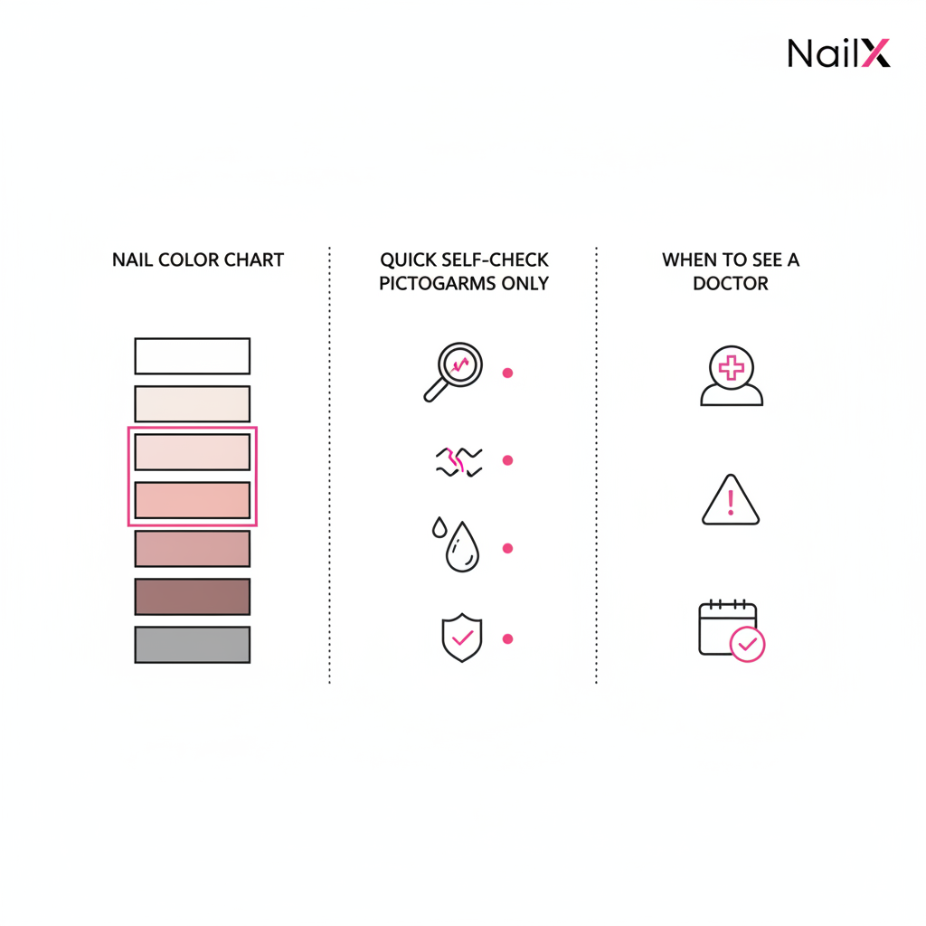 Minimalistische 2D-Vektorinfografik zu Nagelveränderungen: drei Spalten mit Farbtabelle, Selbstcheck-Piktogrammen und Icons für Arztbesuch