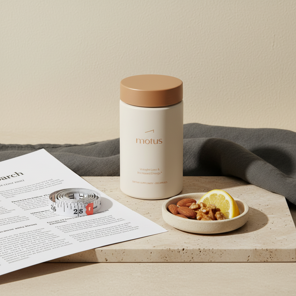 Motus supplement bottle on pale beige stone with measuring tape, research printout and bowl of nuts and lemon slice; minimalist Tonum scene suggesting support for hormonal weight gain.
