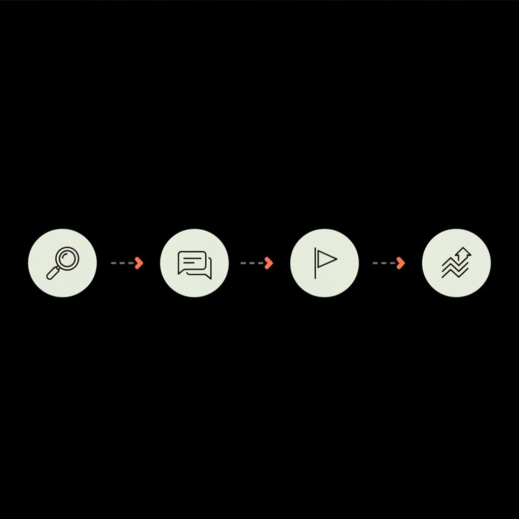 Minimal 2D vector infographic showing a four-step workflow with icons (assess, contact, flag, escalate) on a dark background to help delete Google review