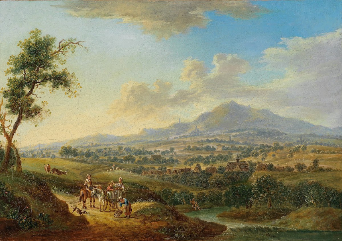 Eine hügelige Flusslandschaft mit Marktfahrern und Anglern