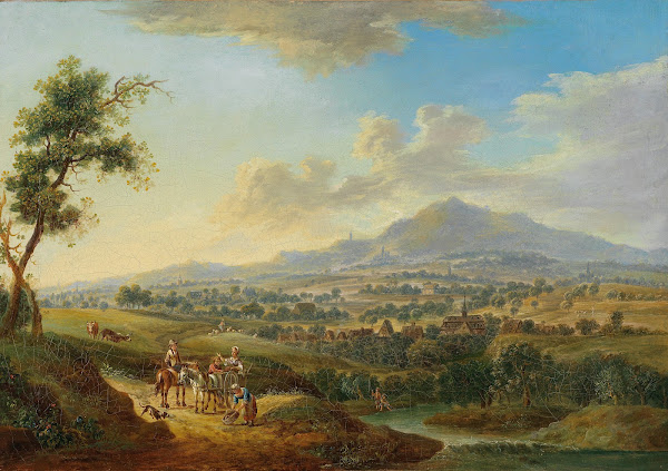 Eine hügelige Flusslandschaft mit Marktfahrern und Anglern