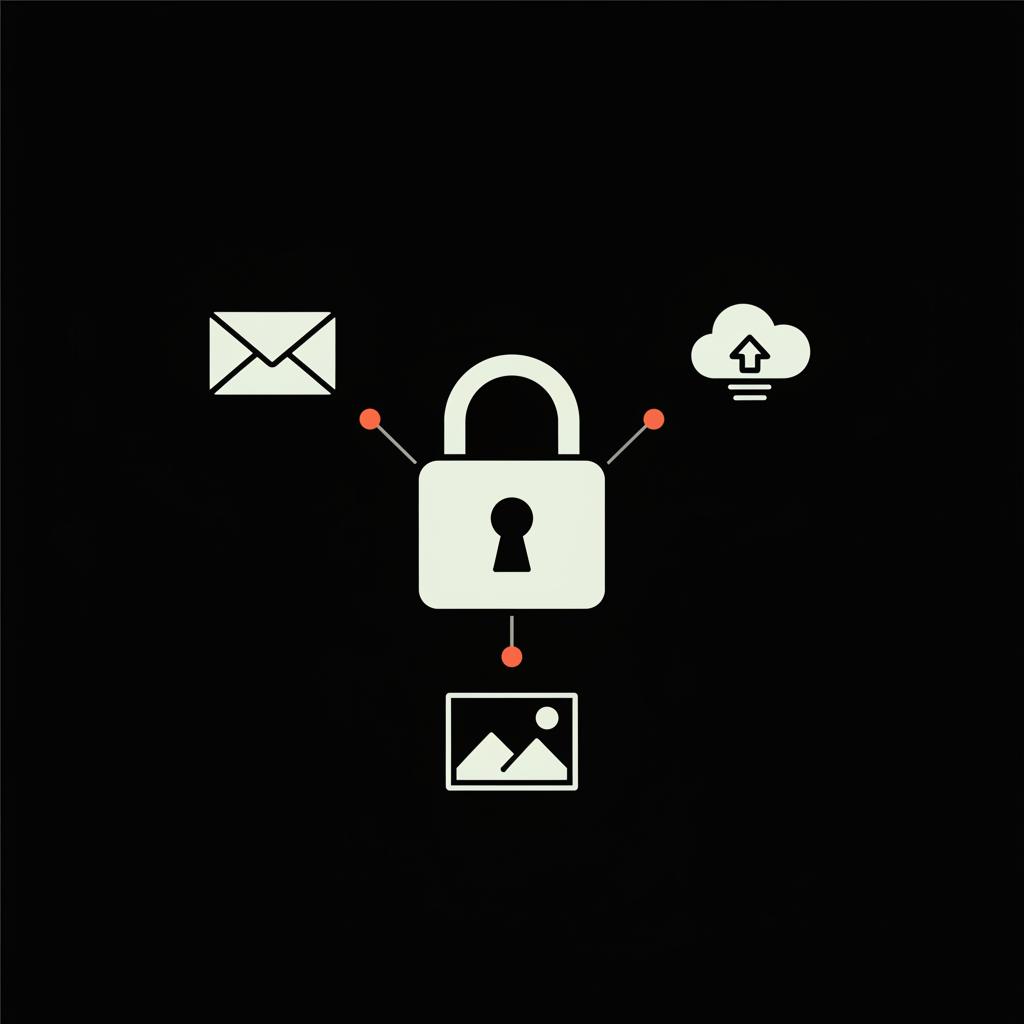 Minimal 2D vector infographic with a central padlock linked to mail, cloud storage and photo icons on black background illustrating how to recover Gmail account