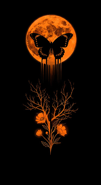 Graphic Illustration of a Butterfly Silhouette Over an Orange Dripping Moon and Branches - Free mobile Wallpaper