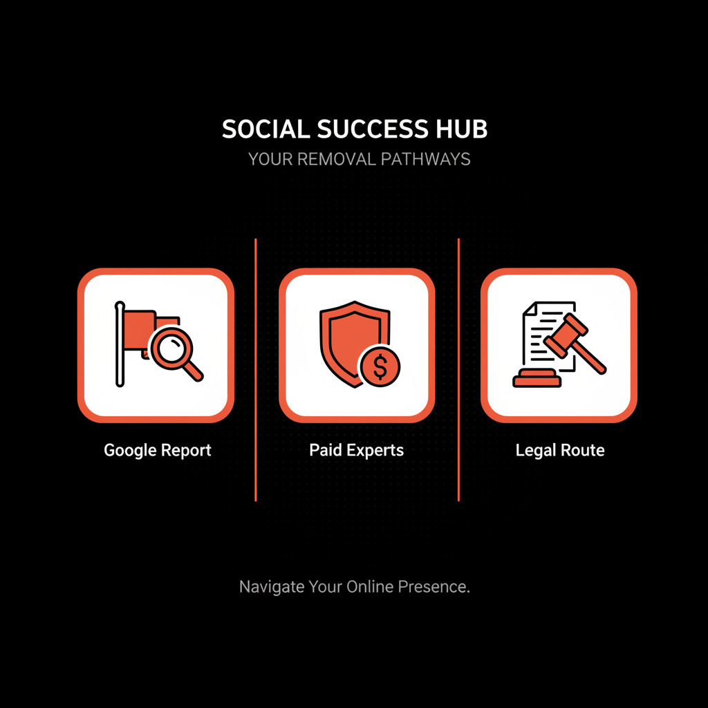 Minimal full-bleed infographic with three columns (Google report, paid experts, legal) in Social Success Hub palette showing how much to delete a Google review.