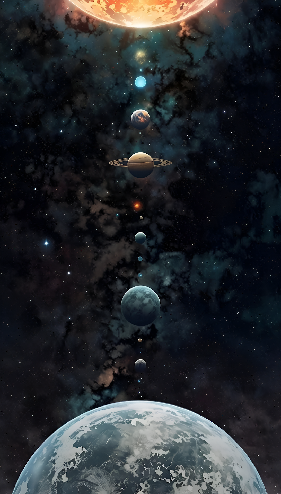 Cosmic Planetary Alignment Digital Art Space Nebula Scene - Free 4K mobile Wallpaper