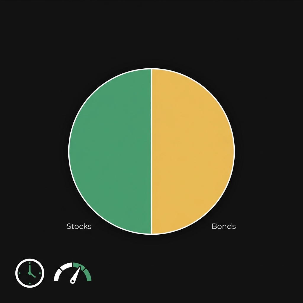 Balanced pie chart split between stocks and bonds with simple icons for time horizon and risk tolerance illustrating how to make money from the stock market