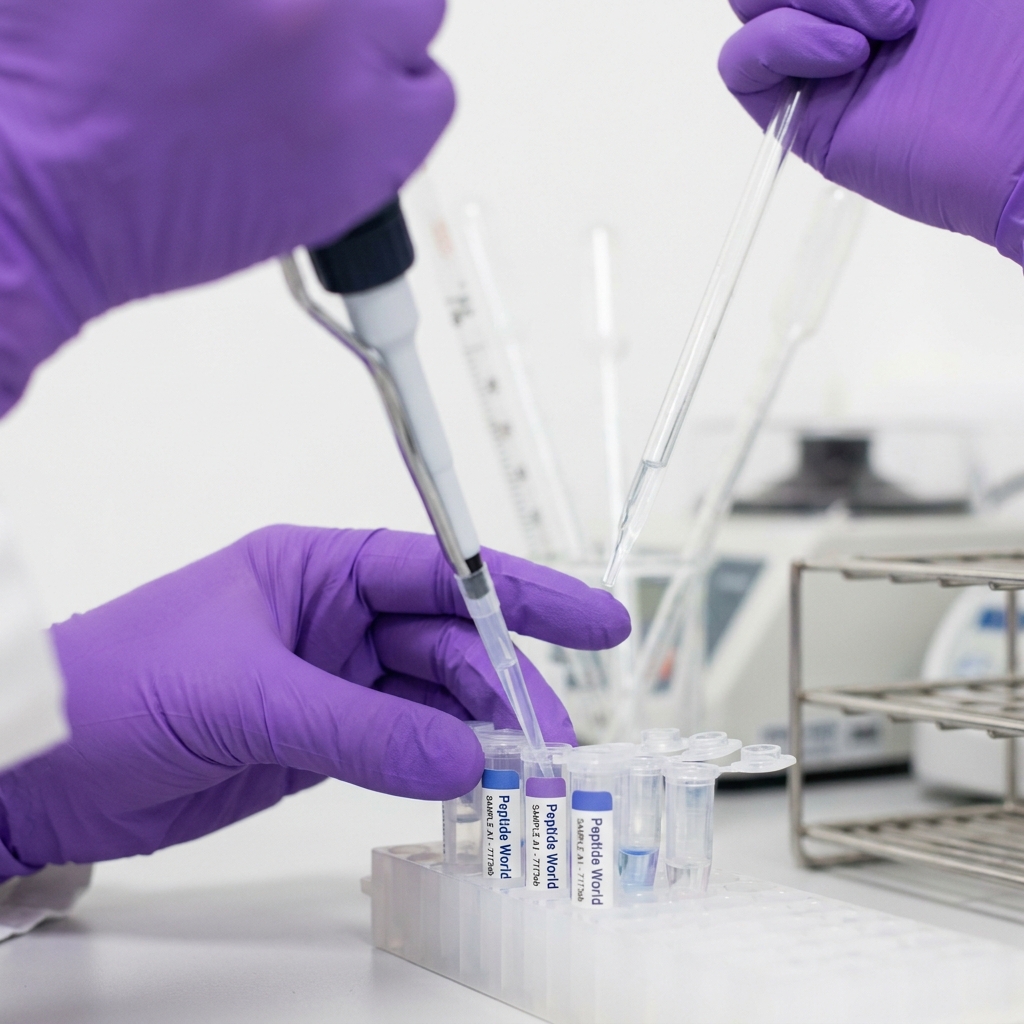 Research technician close up preparing solution with pipette and labeled tubes in a clean white lab emphasizing bpc 157 peptide research in a minimalist Peptide World aesthetic