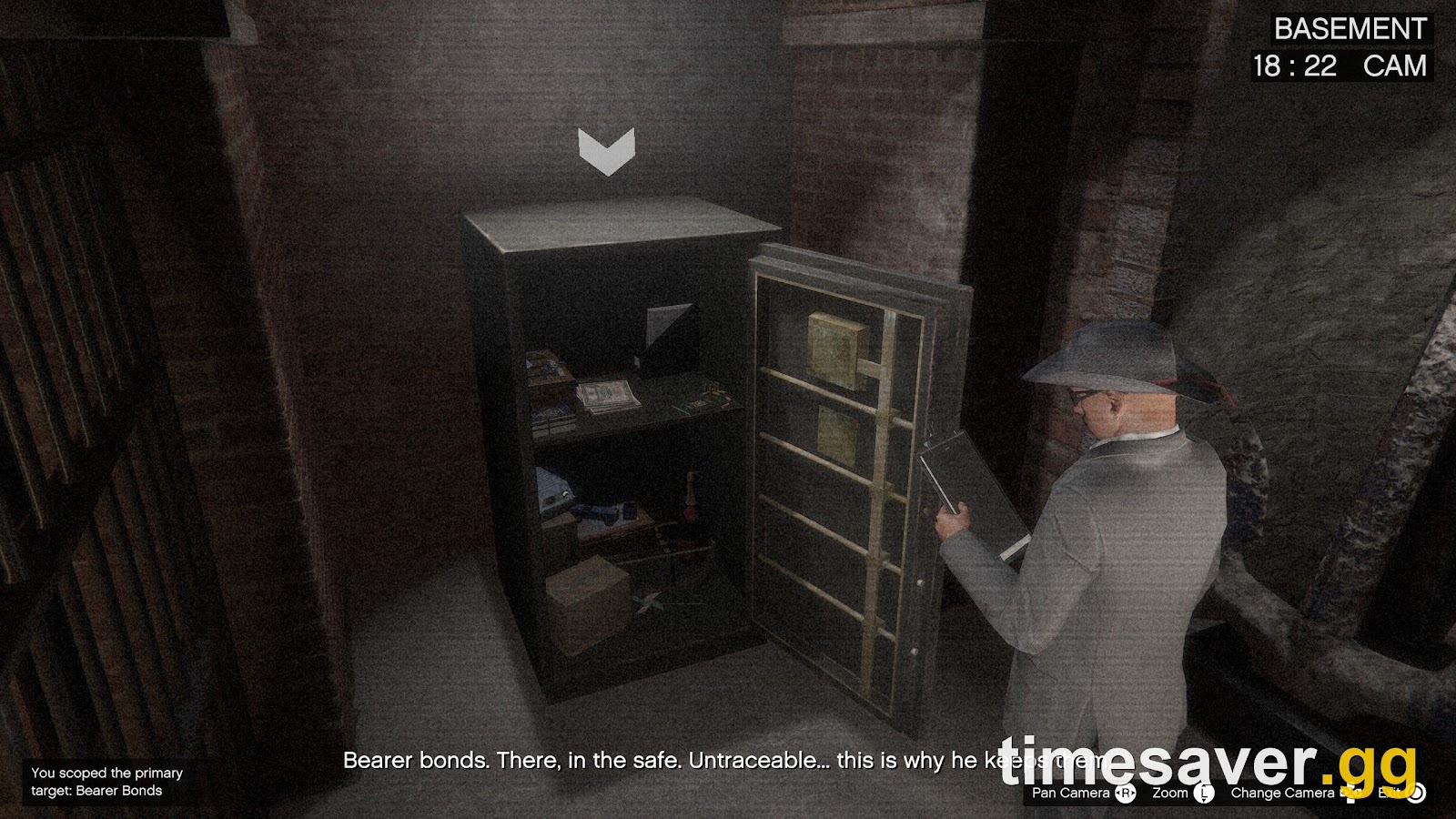 Scoping the primary target safe in El Rubio's basement office during the GTA Online Cayo Perico Heist — the moment the game reveals which target is inside