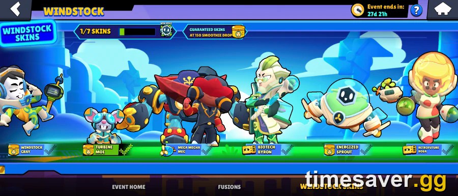 The Windstock Skins screen in Brawl Stars Season 53 showing the seasonal Brawl Pass skin lineup