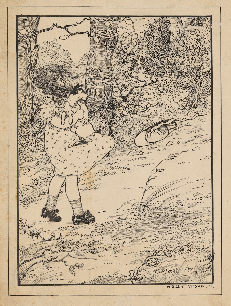 Meisje draagt een hond op een winderig bospad 1912
