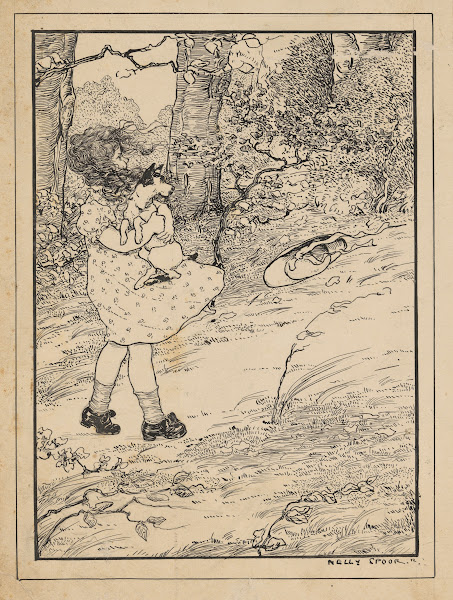 Meisje draagt een hond op een winderig bospad 1912