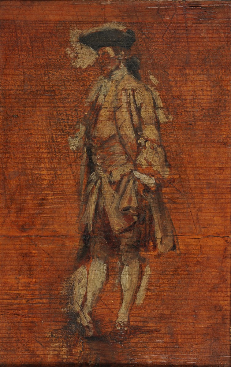 Personnage debout en costume Louis XV croquis pour les Joueurs de Boules Stade d