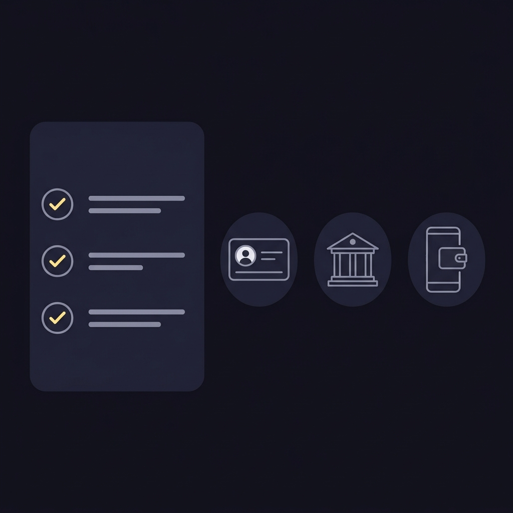 Minimal 2D vector checklist with ID bank and e wallet icons in Funded Plays colors showing three check items for betus withdrawal guidance