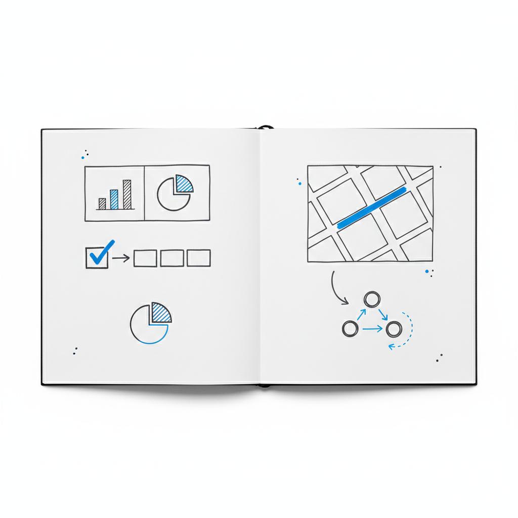 Minimalist close-up notebook spread showing a sketched mini-campaign plan for a neighborhood with a map, highlighted street and a checked box, styled for Nextdoor advertising rules
