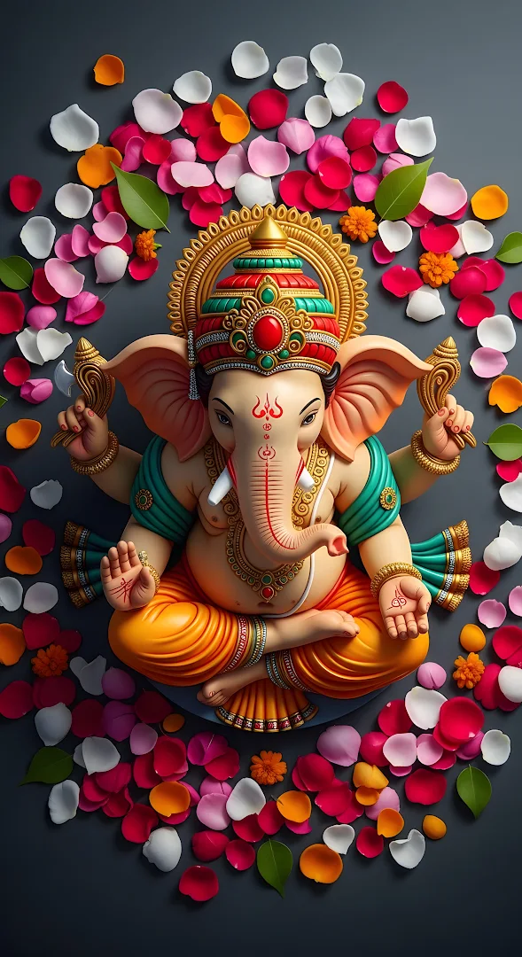 Colorful Ganesha Deity Statue Surrounded by Rose Petals