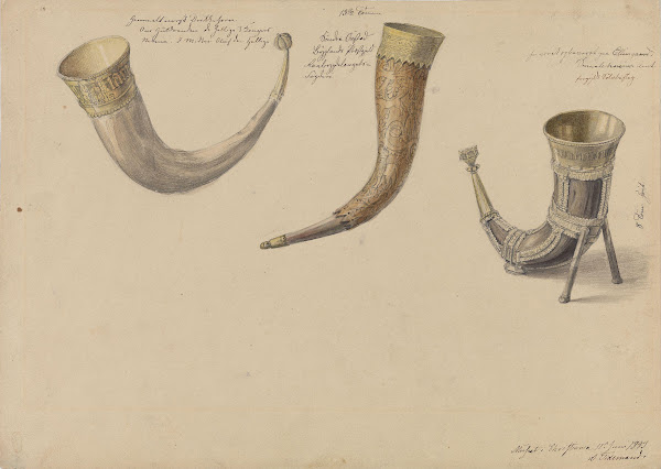 Tre gamle norske drikkehorn 1843