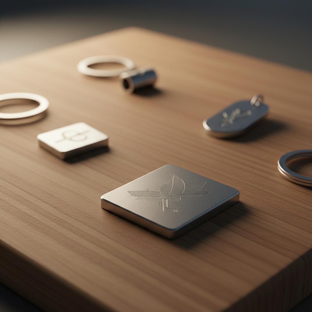 Detailaufnahme personalisierter Metall‑Anhänger auf Holzbrett mit sichtbarer Gravurtextur und warmer Beleuchtung, minimalistisch gestaltet für Weinliebhaber.