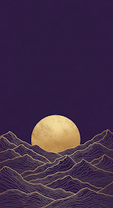 Abstract Gold Line Art Mountains and Textured Moon on a Deep Dark Purple Sky