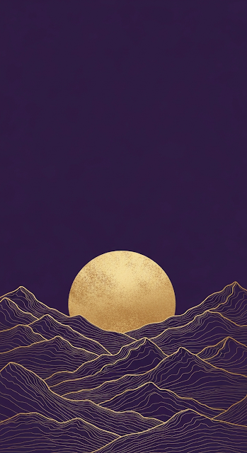 Abstract Gold Line Art Mountains and Textured Moon on a Deep Dark Purple Sky - Free mobile Wallpaper