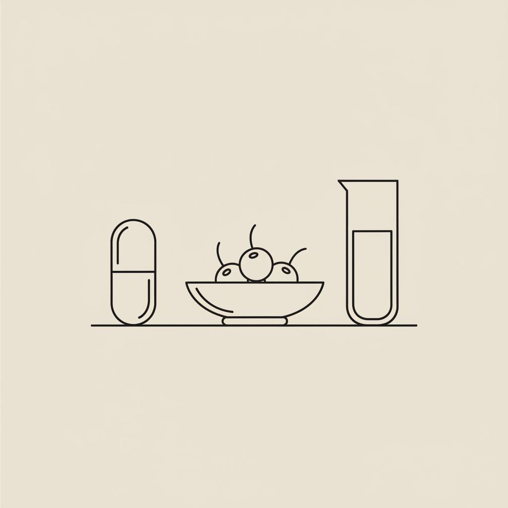 Minimal Tonum-style line illustration of a capsule beside a bowl of berries and a glass of water on beige background — natural Ozempic alternatives