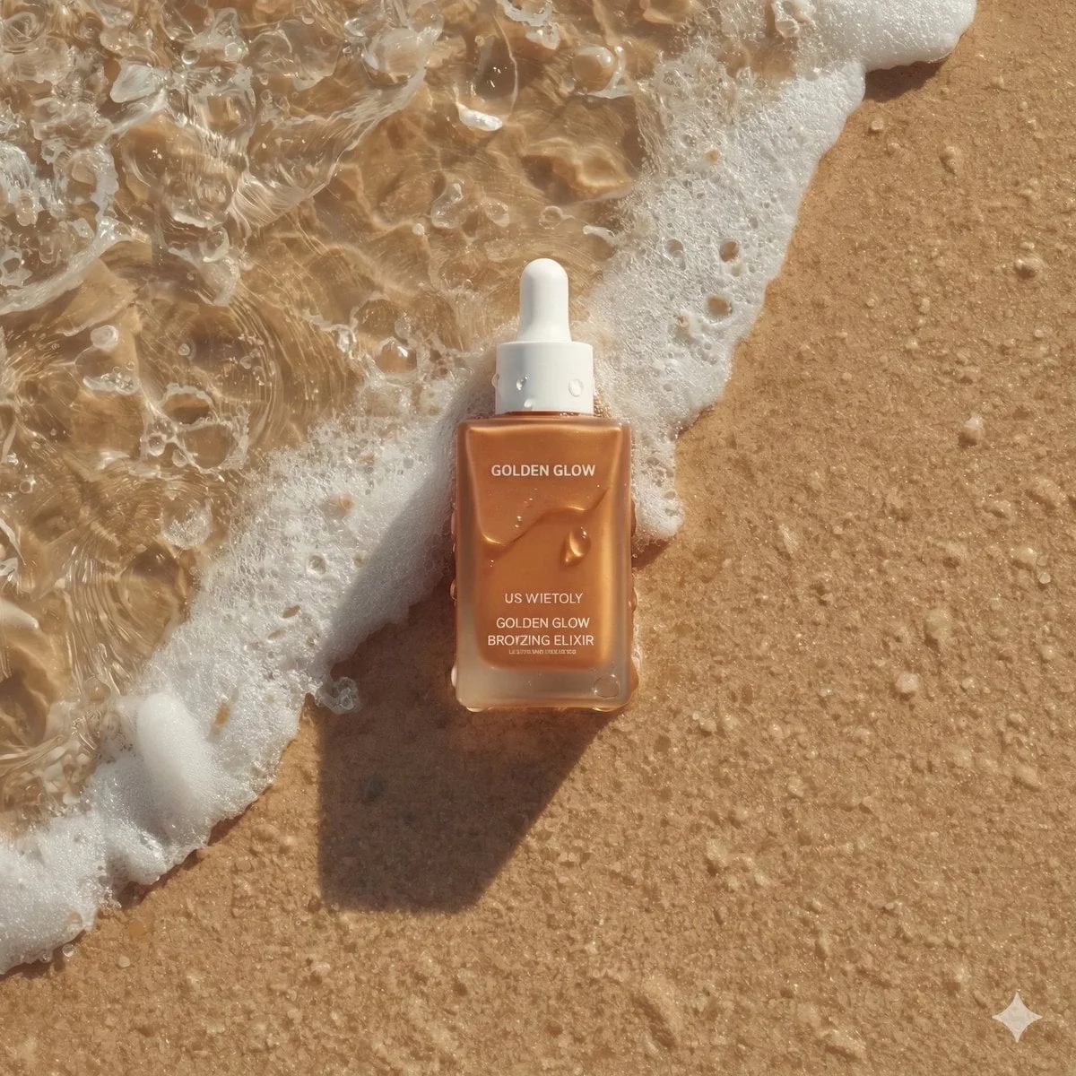 Fotografía ultrarrealista de un producto de cuidado de la piel veraniego: un frasco de gotas bronceadoras llamado "Golden Glow - Bronzing...