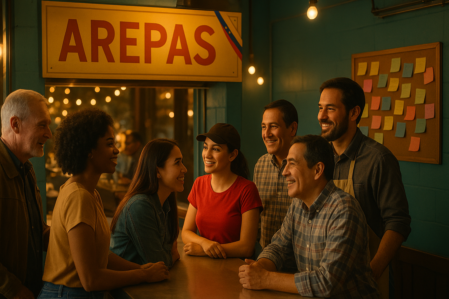 Venezolanos conversando y compartiendo ofertas en una arepera