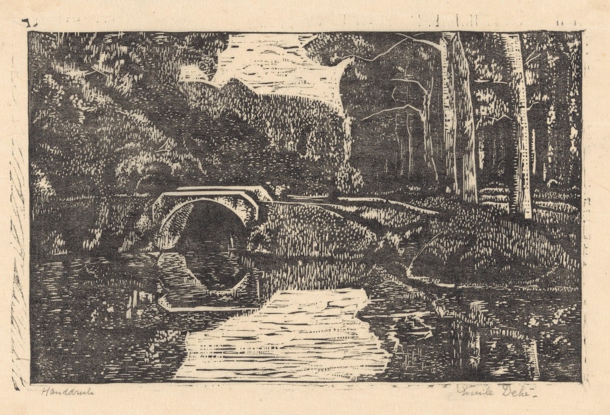 Brug over een gracht in een bos 20th century