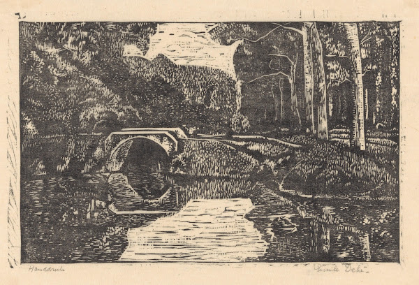 Brug over een gracht in een bos 20th century