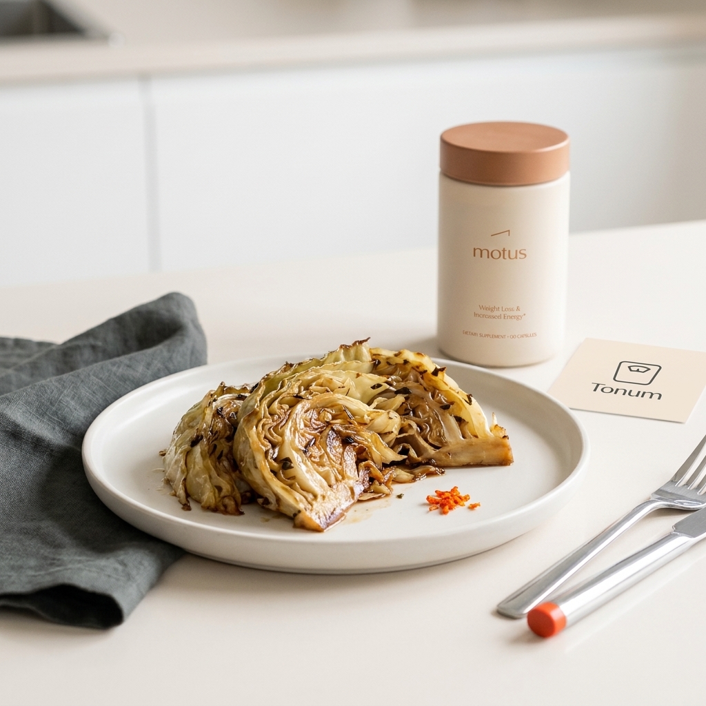 Plated braised cabbage on a clean ceramic plate with a Tonum supplement container and subtle branded card in a bright minimalist kitchen setting for metabolism at 40