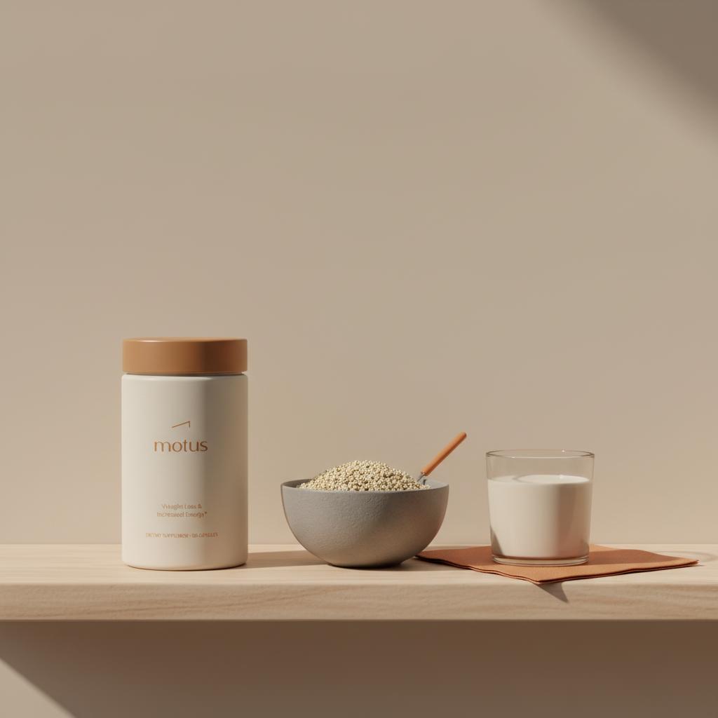 Tonum Motus jar on kitchen shelf with quinoa bowl and fortified plant milk, minimalist scene illustrating what supplements should I take if I'm gluten-free?