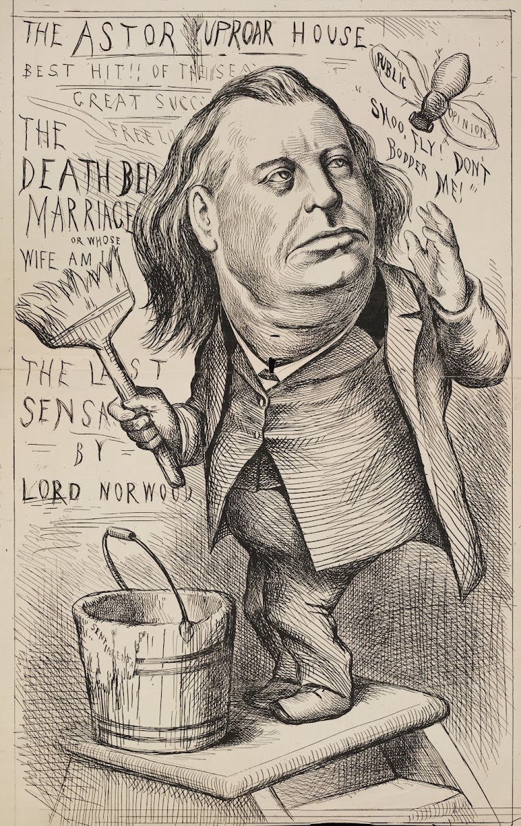 A man Astor puts up fliers for his Uproar House shooing away a fly representing